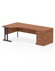 Dynamic Impulse 1800mm Left Crescent Office Desk Walnut Top Cantilever 800 Deep Desk High Pedestal I004421