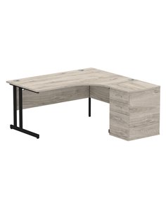 Dynamic Impulse 1600mm Right Crescent Office Desk Grey Oak Top Cantilever 600 Deep Desk High Pedestal I004423