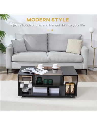 HOMCOM Modern Coffee Table with Tempered Glass Top, Cocktail Table with 3-Tier Storage Shelves for Living Room, Black
