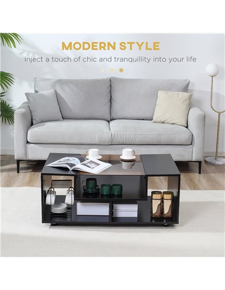 HOMCOM Modern Coffee Table with Tempered Glass Top, Cocktail Table with 3-Tier Storage Shelves for Living Room, Black - pic 7381 | FastDaddyshop