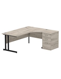 Dynamic Impulse 1800mm Right Crescent Office Desk Grey Oak Top Cantilever 600 Deep Desk High Pedestal I004435