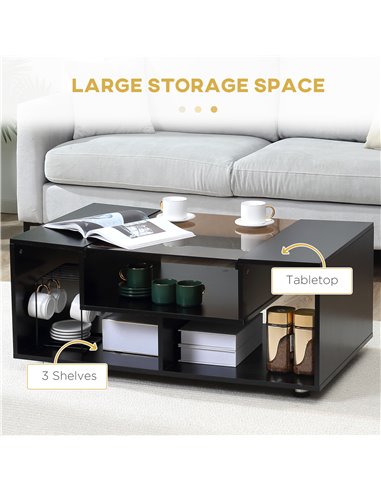 HOMCOM Modern Coffee Table with Tempered Glass Top, Cocktail Table with 3-Tier Storage Shelves for Living Room, Black