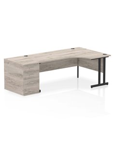 Dynamic Impulse 1800mm Right Crescent Office Desk Grey Oak Top Cantilever 800 Deep Desk High Pedestal I004441