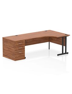 Dynamic Impulse 1800mm Right Crescent Office Desk Walnut Top Cantilever 800 Deep Desk High Pedestal I004445
