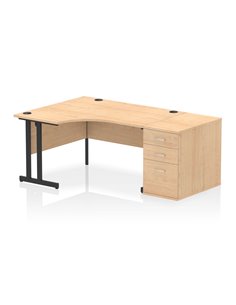 Dynamic Impulse 1400mm Left Crescent Office Desk Maple Top Cantilever 800 Deep Desk High Pedestal I004454