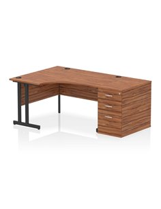 Dynamic Impulse 1400mm Left Crescent Office Desk Walnut Top Cantilever 800 Deep Desk High Pedestal I004457