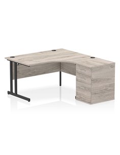 Dynamic Impulse 1400mm Right Crescent Office Desk Grey Oak Top Cantilever 600 Deep Desk High Pedestal I004459