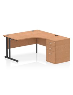 Dynamic Impulse 1400mm Right Crescent Office Desk Oak Top Cantilever 600 Deep Desk High Pedestal I004461