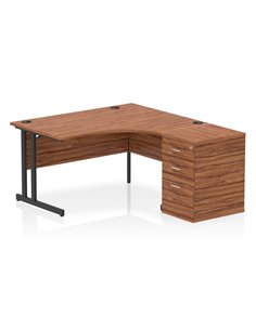 Dynamic Impulse 1400mm Right Crescent Office Desk Walnut Top Cantilever 600 Deep Desk High Pedestal I004463