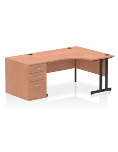 Dynamic Impulse 1400mm Right Crescent Office Desk Beech Top Cantilever 800 Deep Desk High Pedestal I004464