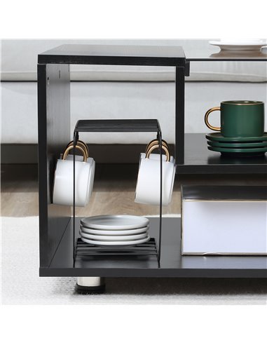 HOMCOM Modern Coffee Table with Tempered Glass Top, Cocktail Table with 3-Tier Storage Shelves for Living Room, Black