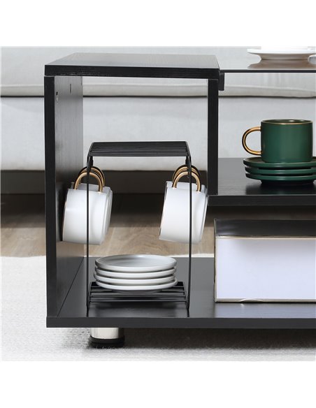 HOMCOM Modern Coffee Table with Tempered Glass Top, Cocktail Table with 3-Tier Storage Shelves for Living Room, Black - pic 7385 | FastDaddyshop