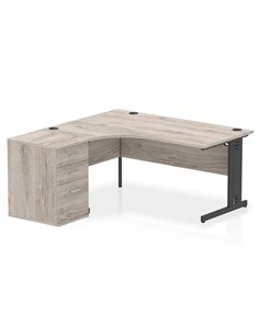 Dynamic Impulse 1600mm Left Crescent Office Desk Grey Oak Top Cable Managed 600 Deep Desk High Pedestal I004471