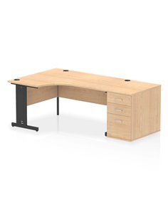 Dynamic Impulse 1600mm Left Crescent Office Desk Maple Top Cable Managed 800 Deep Desk High Pedestal I004478