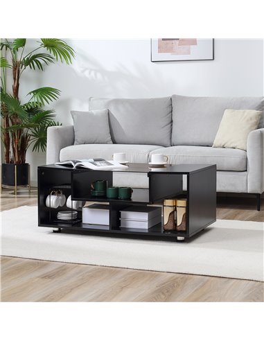HOMCOM Modern Coffee Table with Tempered Glass Top, Cocktail Table with 3-Tier Storage Shelves for Living Room, Black