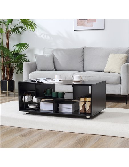 HOMCOM Modern Coffee Table with Tempered Glass Top, Cocktail Table with 3-Tier Storage Shelves for Living Room, Black - pic 7386 | FastDaddyshop
