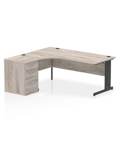 Dynamic Impulse 1800mm Left Crescent Office Desk Grey Oak Top Cable Managed 600 Deep Desk High Pedestal I004483