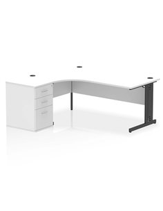 Dynamic Impulse 1800mm Left Crescent Office Desk White Top Cable Managed 600 Deep Desk High Pedestal I004486