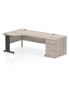 Dynamic Impulse 1800mm Left Crescent Office Desk Grey Oak Top Cable Managed 800 Deep Desk High Pedestal I004489