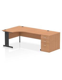 Dynamic Impulse 1800mm Left Crescent Office Desk Oak Top Cable Managed 800 Deep Desk High Pedestal I004491