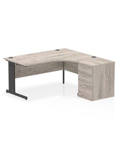 Dynamic Impulse 1600mm Right Crescent Office Desk Grey Oak Top Cable Managed 600 Deep Desk High Pedestal I004495