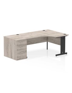 Dynamic Impulse 1600mm Right Crescent Office Desk Grey Oak Top Cable Managed 800 Deep Desk High Pedestal I004501
