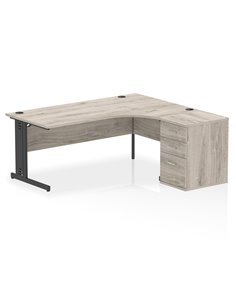 Dynamic Impulse 1800mm Right Crescent Office Desk Grey Oak Top Cable Managed 600 Deep Desk High Pedestal I004507