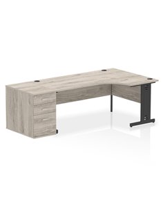 Dynamic Impulse 1800mm Right Crescent Office Desk Grey Oak Top Cable Managed 800 Deep Desk High Pedestal I004513
