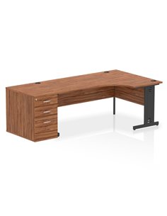 Dynamic Impulse 1800mm Right Crescent Office Desk Walnut Top Cable Managed 800 Deep Desk High Pedestal I004517