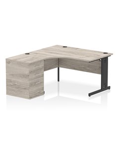 Dynamic Impulse 1400mm Left Crescent Office Desk Grey Oak Top Cable Managed 600 Deep Desk High Pedestal I004519