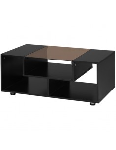 Homcom Modern Coffee Table with Tempered Glass Top, 3-Tier Storage Shelves, Black