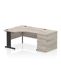 Dynamic Impulse 1400mm Left Crescent Office Desk Grey Oak Top Cable Managed 800 Deep Desk High Pedestal I004525