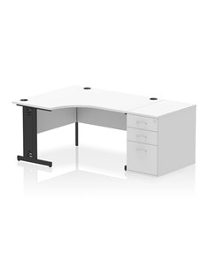 Dynamic Impulse 1400mm Left Crescent Office Desk White Top Cable Managed 800 Deep Desk High Pedestal I004528