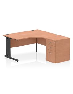 Dynamic Impulse 1400mm Right Crescent Office Desk Beech Top Cable Managed 600 Deep Desk High Pedestal I004530