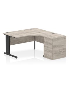 Dynamic Impulse 1400mm Right Crescent Office Desk Grey Oak Top Cable Managed 600 Deep Desk High Pedestal I004531