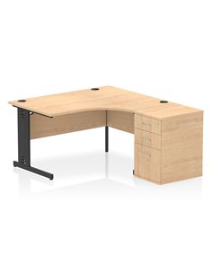 Dynamic Impulse 1400mm Right Crescent Office Desk Maple Top Cable Managed 600 Deep Desk High Pedestal I004532