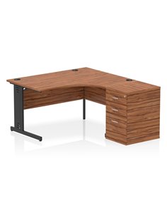 Dynamic Impulse 1400mm Right Crescent Office Desk Walnut Top Cable Managed 600 Deep Desk High Pedestal I004535