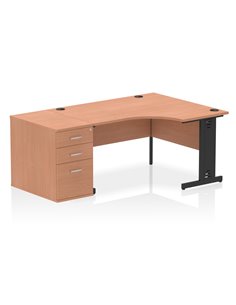 Dynamic Impulse 1400mm Right Crescent Office Desk Beech Top Cable Managed 800 Deep Desk High Pedestal I004536