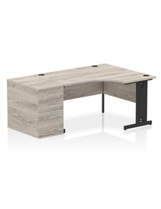 Dynamic Impulse 1400mm Right Crescent Office Desk Grey Oak Top Cable Managed 800 Deep Desk High Pedestal I004537