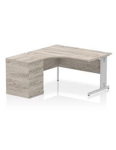 Dynamic Impulse 1400mm Left Crescent Office Desk Grey Oak Top Cable Managed 600 Deep Desk High Pedestal I004584