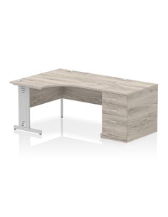 Dynamic Impulse 1400mm Left Crescent Office Desk Grey Oak Top Cable Managed 800 Deep Desk High Pedestal I004586