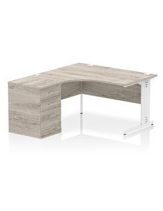 Dynamic Impulse 1400mm Left Crescent Office Desk Grey Oak Top Cable Managed 600 Deep Desk High Pedestal I004589