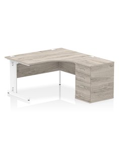Dynamic Impulse 1400mm Right Crescent Office Desk Grey Oak Top Cable Managed 600 Deep Desk High Pedestal I004595