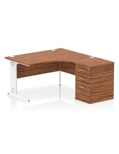 Dynamic Impulse 1400mm Right Crescent Office Desk Walnut Top Cable Managed 600 Deep Desk High Pedestal I004599
