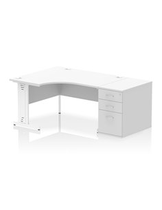 Dynamic Impulse 1400mm Left Crescent Office Desk White Top Cable Managed 800 Deep Desk High Pedestal I004604