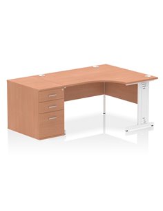 Dynamic Impulse 1400mm Right Crescent Office Desk Beech Top Cable Managed 800 Deep Desk High Pedestal I004606