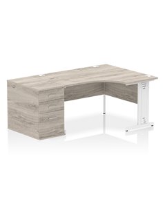 Dynamic Impulse 1400mm Right Crescent Office Desk Grey Oak Top Cable Managed 800 Deep Desk High Pedestal I004607