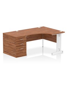 Dynamic Impulse 1400mm Right Crescent Office Desk Walnut Top Cable Managed 800 Deep Desk High Pedestal I004611