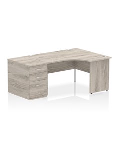 Dynamic Impulse 1400mm Right Crescent Office Desk Grey Oak Top Panel End 800 Deep Desk High Pedestal I004615