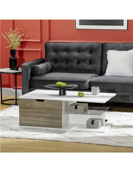 HOMCOM Coffee Table, Modern Tea Table with Tempered Glass Shelves, and Two Drawers, Coffee Tables for Living Room, Bed Room, Whi - pic 7407 | FastDaddyshop